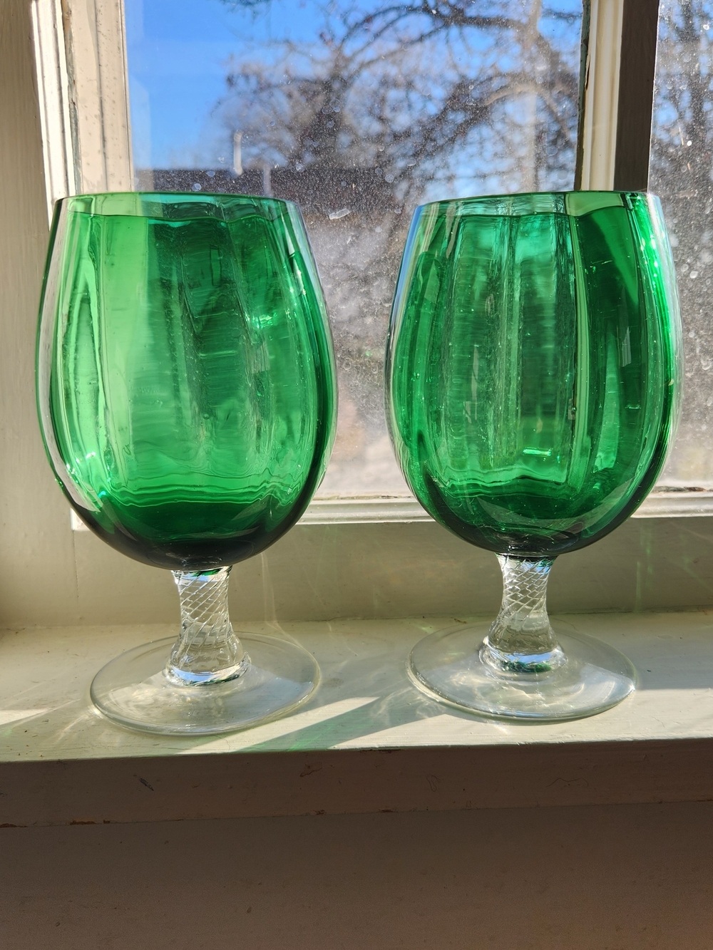 Set of 2 Vintage Empoli MCM Emerald Green Optic Glass Brandy Snifter Italy Pair - Picture 3 of 9